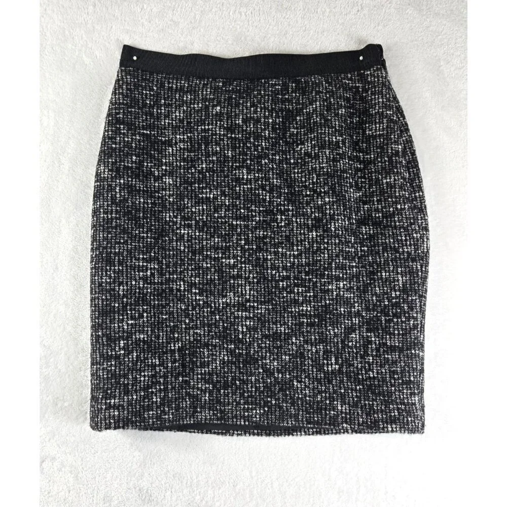 Ann Taylor Tweed Mini Pencil Skirt 2P Black White Weave Lined Career Mod Preppy